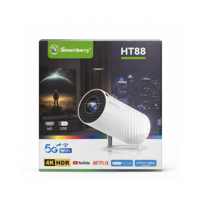 Smartbarry HT88 projector packaging with product image and features on a white background