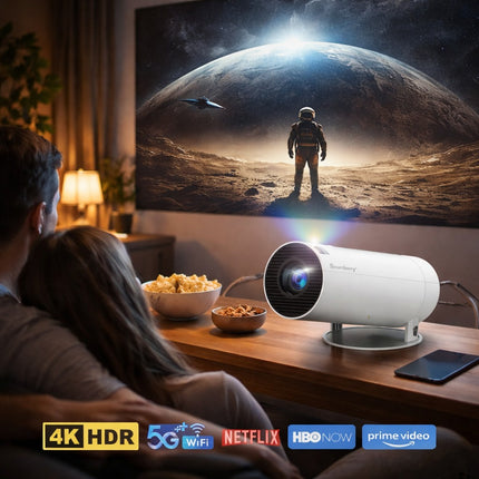 Two people watching a space-themed movie projected by a Smartek projector in a cozy room.
