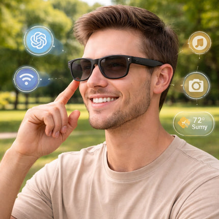 Man wearing smart sunglasses with various icons and weather information displayed.
