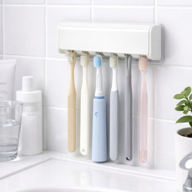 Wall-mounted toothbrush holder with multiple toothbrushes on a tiled bathroom wall.