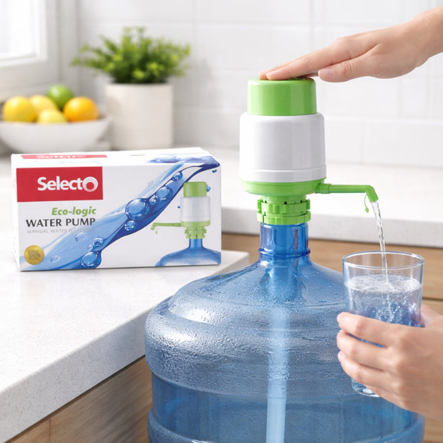 Person using a water pump to fill a glass with water, next to Selecto water pump packaging.