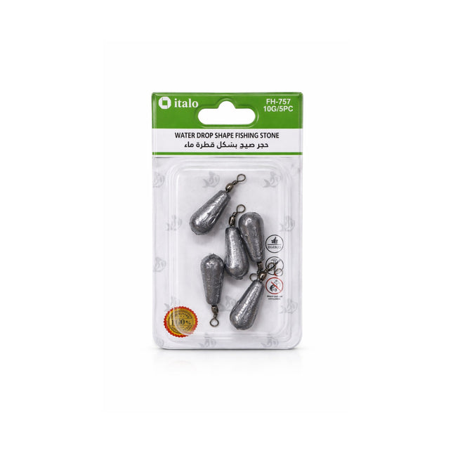 Packaged fishing stones with water drop shape on a white background