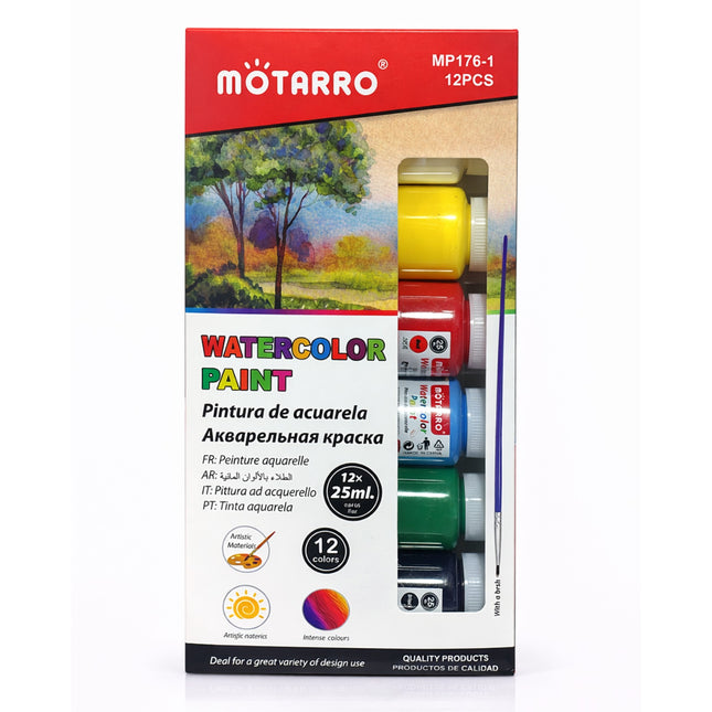 MOTARRO watercolor paint set packaging with colorful paint bottles and a brush on a white background