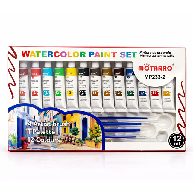 Mötarro watercolor paint set packaging with paint tubes and brushes on a white background