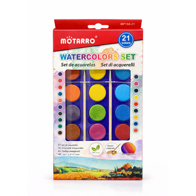 MOTARRO watercolor set packaging with colorful paint swatches on a white background