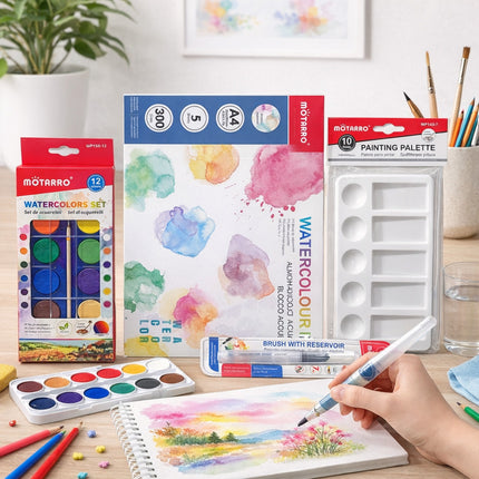 Motarro art supplies including watercolor sets and painting palette on a table with a person painting.