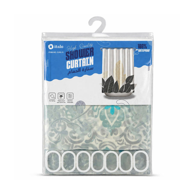 Packaged shower curtain with decorative pattern on a white background