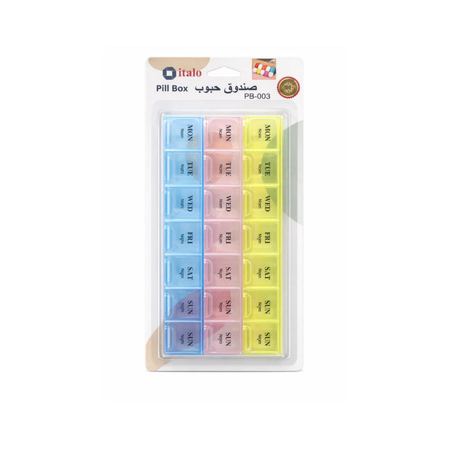 Pill box organizer with colorful compartments on a white background