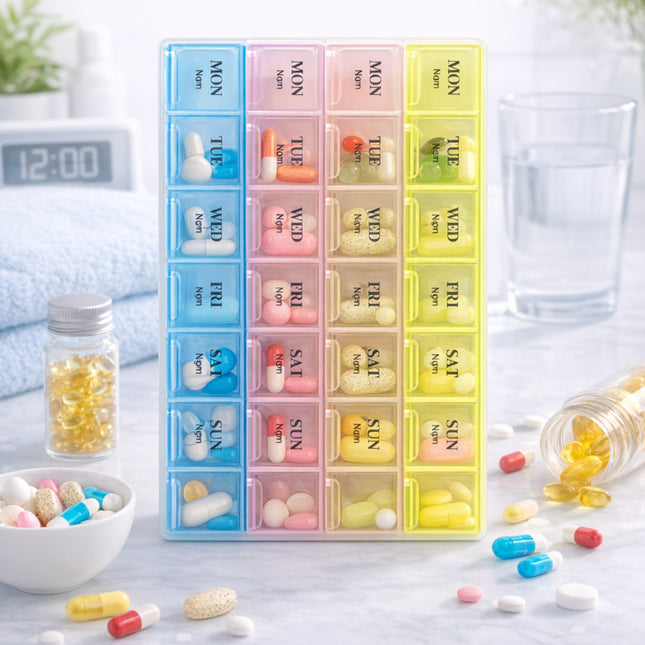Multicolored pill organizer with pills on a light surface
