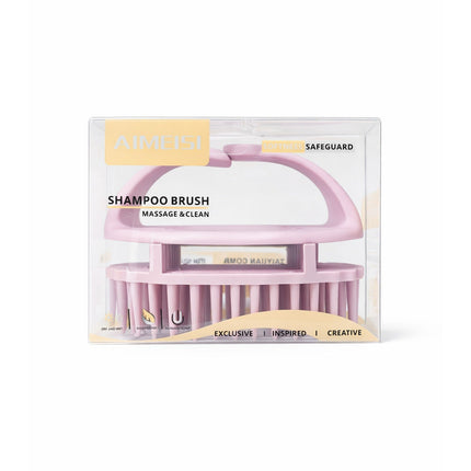 Pink shampoo brush in packaging with 'AIMILIU' branding on a white background