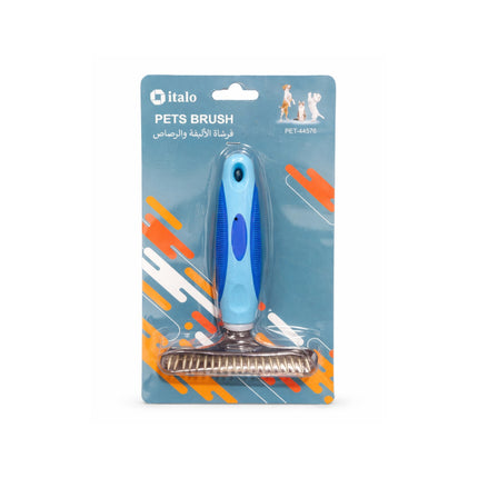 Pet brush packaging with blue handle on a white background