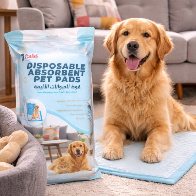 Dog sitting on a disposable absorbent pet pad with a package of the product in the foreground.