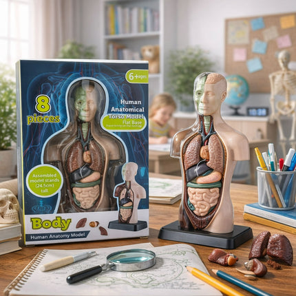 Human anatomical torso model with packaging on a desk in a classroom setting