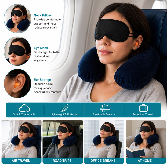3-in-1 Travel Comfort Set –Neck Pillow, Eye Mask & Earplugs-TRV-7120