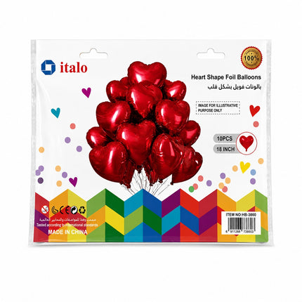 Italo Red Heart Shape Foil Balloons 18 Inch - 10pcs HB-3860