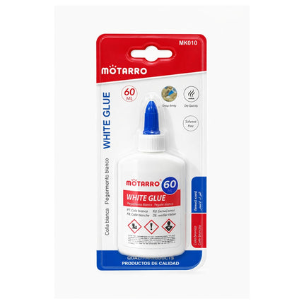 Motarro white glue packaging with red and blue accents on a white background
