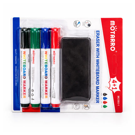 Packaging of Métarro whiteboard markers with an eraser on a white background