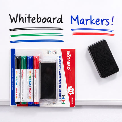 Packaging of Motarro whiteboard markers with an eraser on a white background