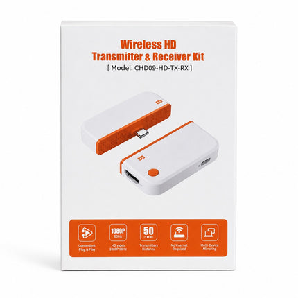 White retail box for a Wireless HD Transmitter & Receiver Kit, showing product photos of the white and orange dongle devices and feature icons along the bottom.