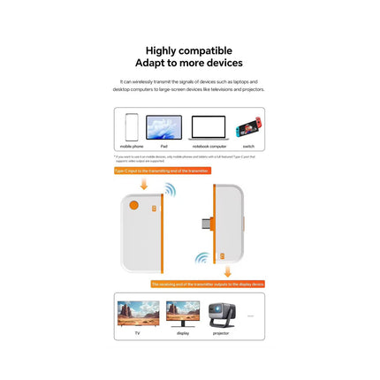 Compatibility diagram showing a wireless screen transmitter connected to a laptop and shown transmitting to a TV, monitor, and projector. Includes text stating 'Highly compatible Adapt to more devices' and small labeled device examples.