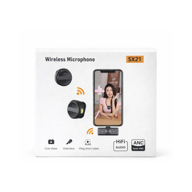 Wireless microphone packaging with SX21 model on a white background