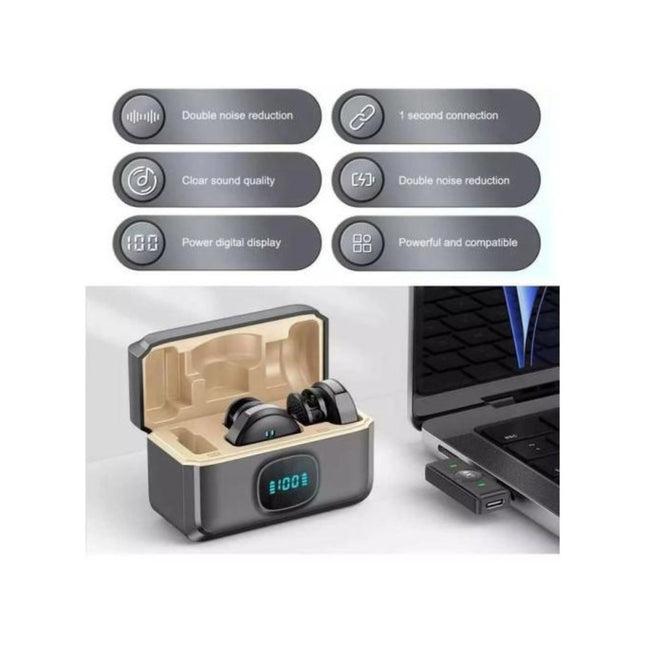 Wireless earbuds in a charging case with laptop and USB cable on a white background