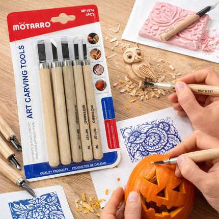 Mоторро art carving tools set with a person carving a pumpkin on a wooden table.