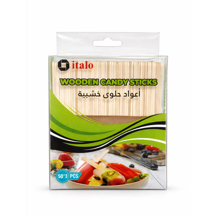 Packaging of wooden candy sticks with italo branding on a white background
