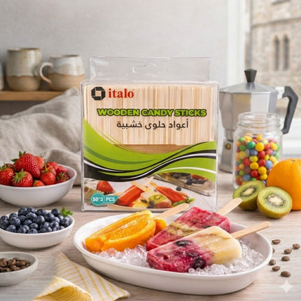 Packaging of italo wooden candy sticks with a bowl of fruit popsicles and fresh fruits on a table.