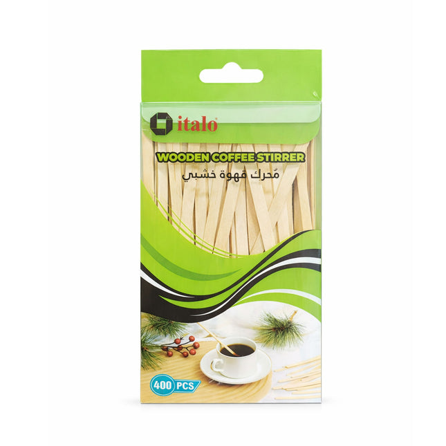 Packaging of italo wooden coffee stirrers with a green background