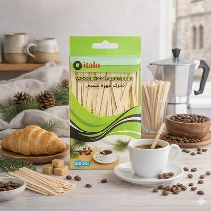 Packaging of italo wooden coffee stirrers with a coffee cup and beans on a table.