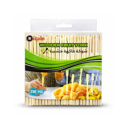 Packaging of wooden fruit forks with brand logo and product details on a white background