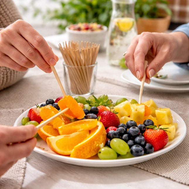 Fruit skewers being prepared on a plate with oranges, strawberries, grapes, and pineapple.