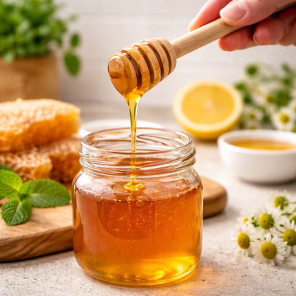Honey being drizzled from a wooden honey dipper into a jar on a table with flowers and a lemon.