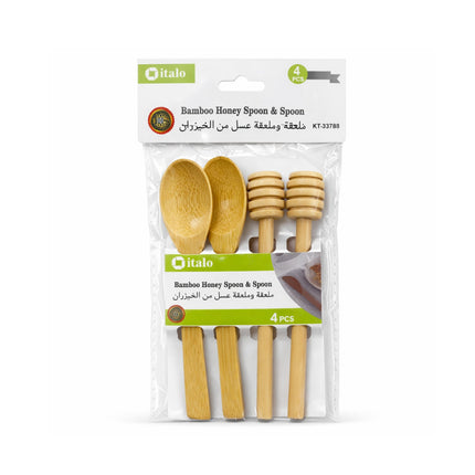 Packaging of bamboo honey spoons with italo branding on a white background