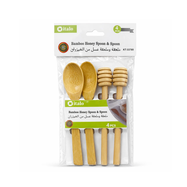Packaging of bamboo honey spoons with italo branding on a white background