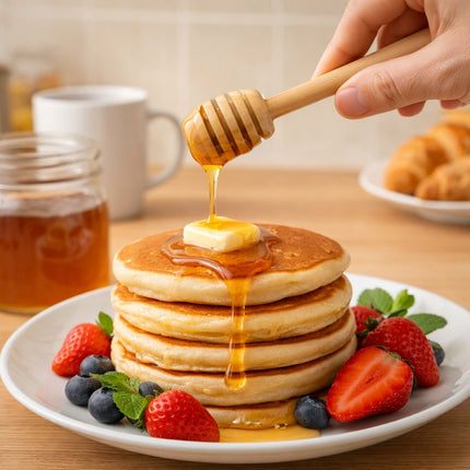 Stack of pancakes with butter and syrup, surrounded by berries, on a plate with a honey dipper drizzling honey.