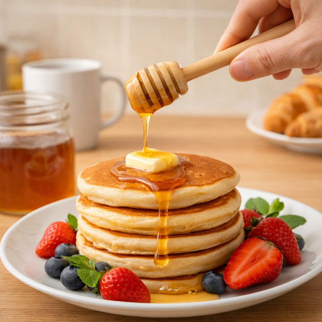 Stack of pancakes with butter and syrup, surrounded by berries, on a plate with a honey dipper drizzling honey.