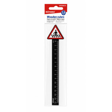 Wooden ruler with packaging featuring a pedestrian crossing sign on a white background