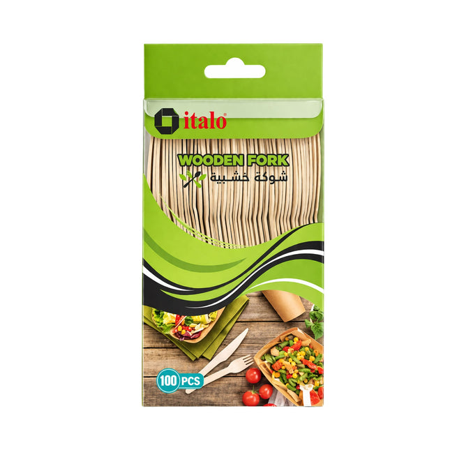 Packaging of italo wooden forks with a green background