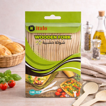 Packaging of italo wooden forks with a kitchen setting in the background