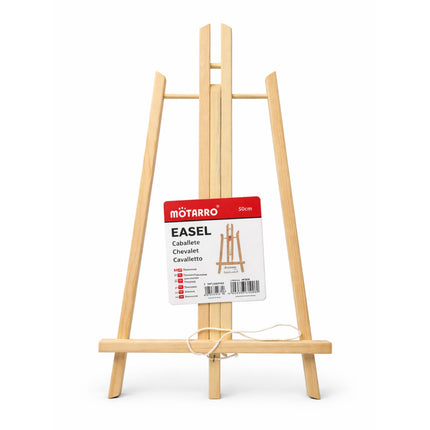 Wooden easel with Motarro brand label on a white background