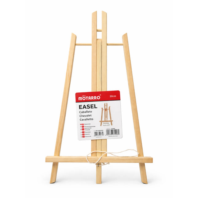 Wooden easel with Motarro brand label on a white background