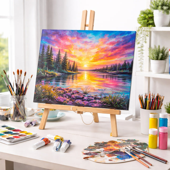 Colorful landscape painting on an easel with art supplies on a table.