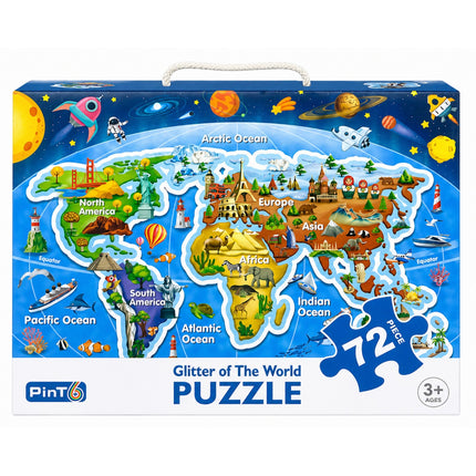 World map puzzle box with colorful illustrations and 'Pint 6' branding