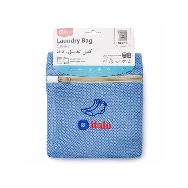 Blue laundry bag with a visible brand label on a white background