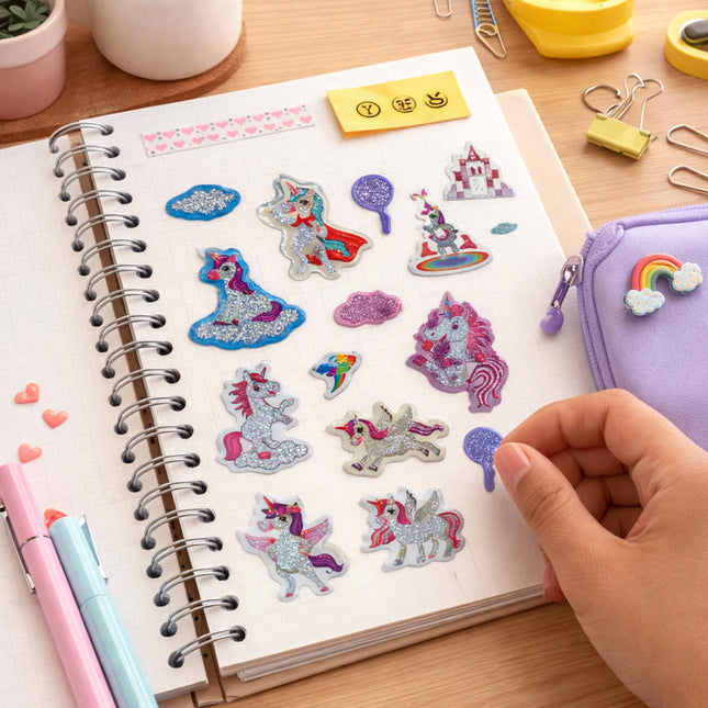 Notebook with colorful unicorn stickers on a desk with stationery items.