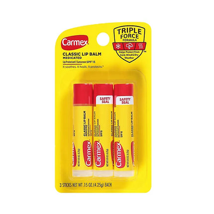 Carmex Classic Lip Balm Original - Moisturizing lip balm sticks with SPF 15 for dry, chapped lips. Contains cocoa butter, camphor, and menthol.