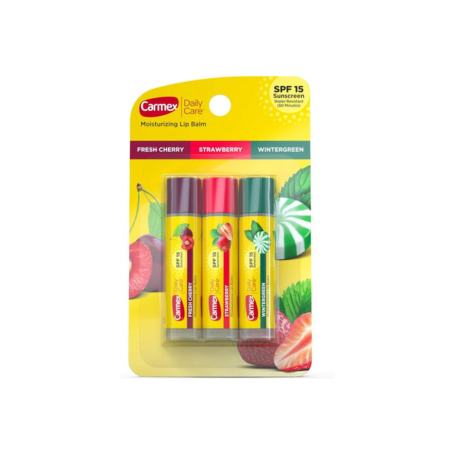 Carmex Daily Care SPF15 Variety Pack - Lip balm trio in Strawberry, Wintergreen, and Cherry flavors, offering long-lasting moisture and SPF15 sun protection.