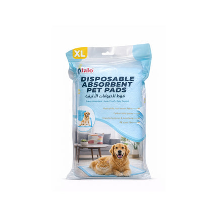 Pack of disposable absorbent pet pads with a dog on the packaging.
